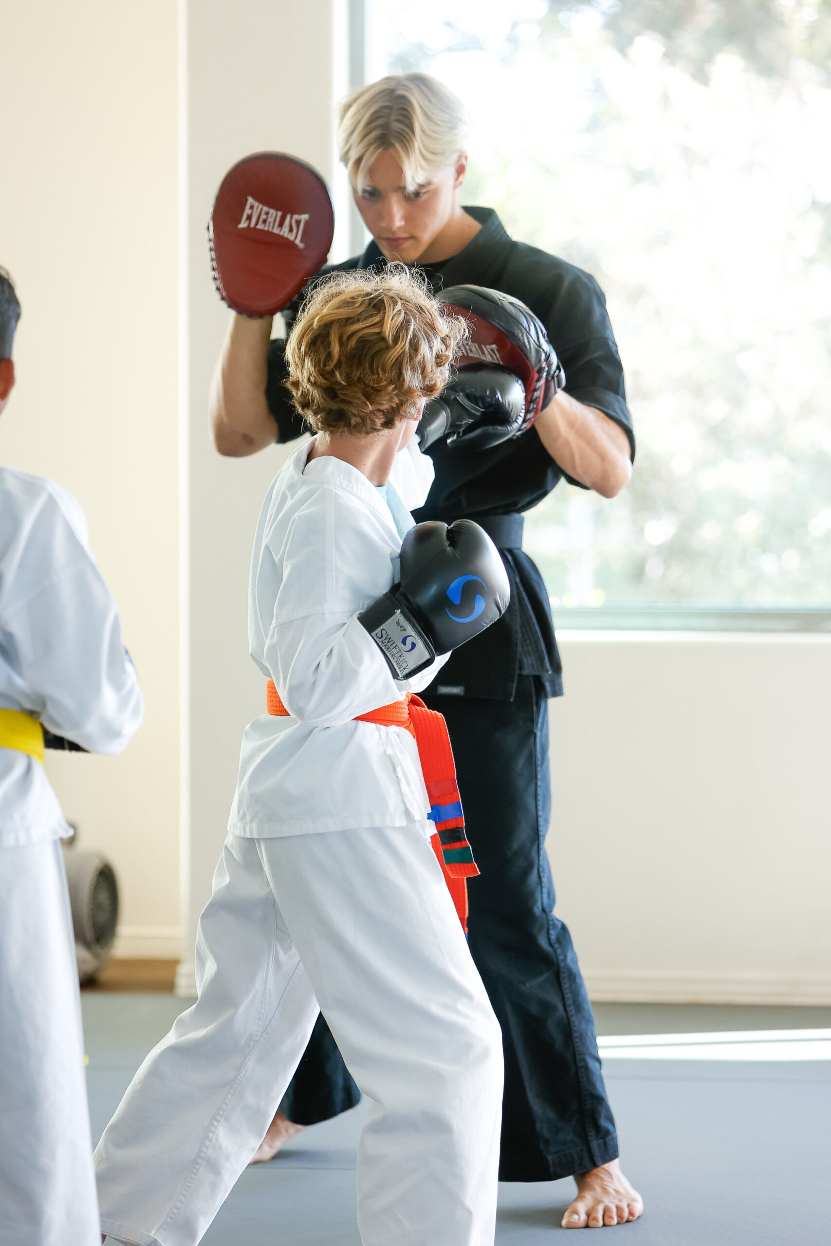Boy punching pads with martial arts instructor.